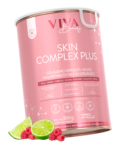 Tratamento anti-idade Skin Complex Plus, muito mais que um simples colágeno! Resultados visíveis já no primeiro mês de uso Pote de Skin Complex Plus sabor Pink Lemonade com rótulo na cor rosa
